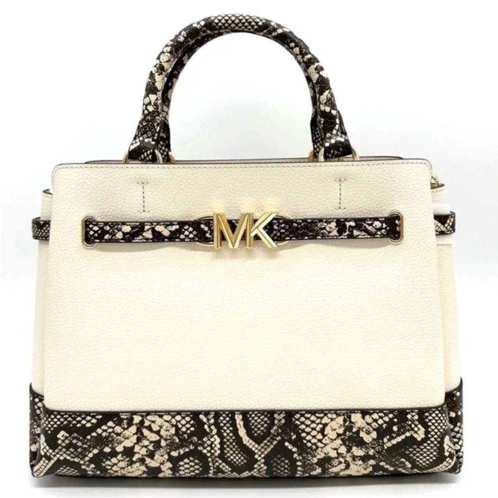 Michael Kors Large Reed Leather Belted Satchel Crossbody Bag Cream Snakeskin